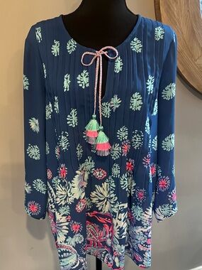 Lilly Pulitzer Marlina Tunic F Tassel-Tie Navy with Mint & Coral Accents
